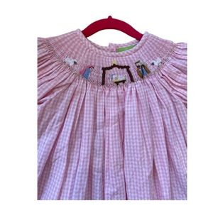 Pink Smocked Gingham Kids Dress with Nativity Motif